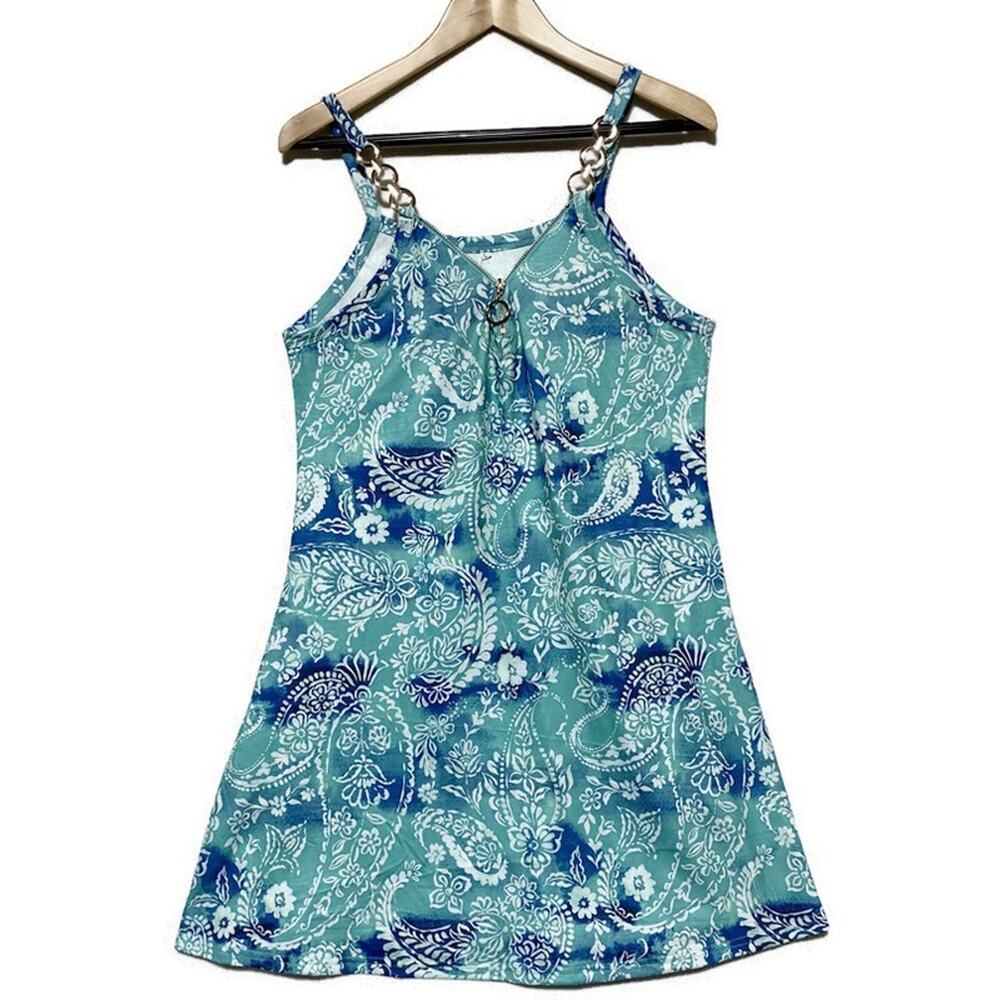 ETCYY Sundress Size Large Aquamarine with Zip Neck Gold Ring Detail New w/Tag